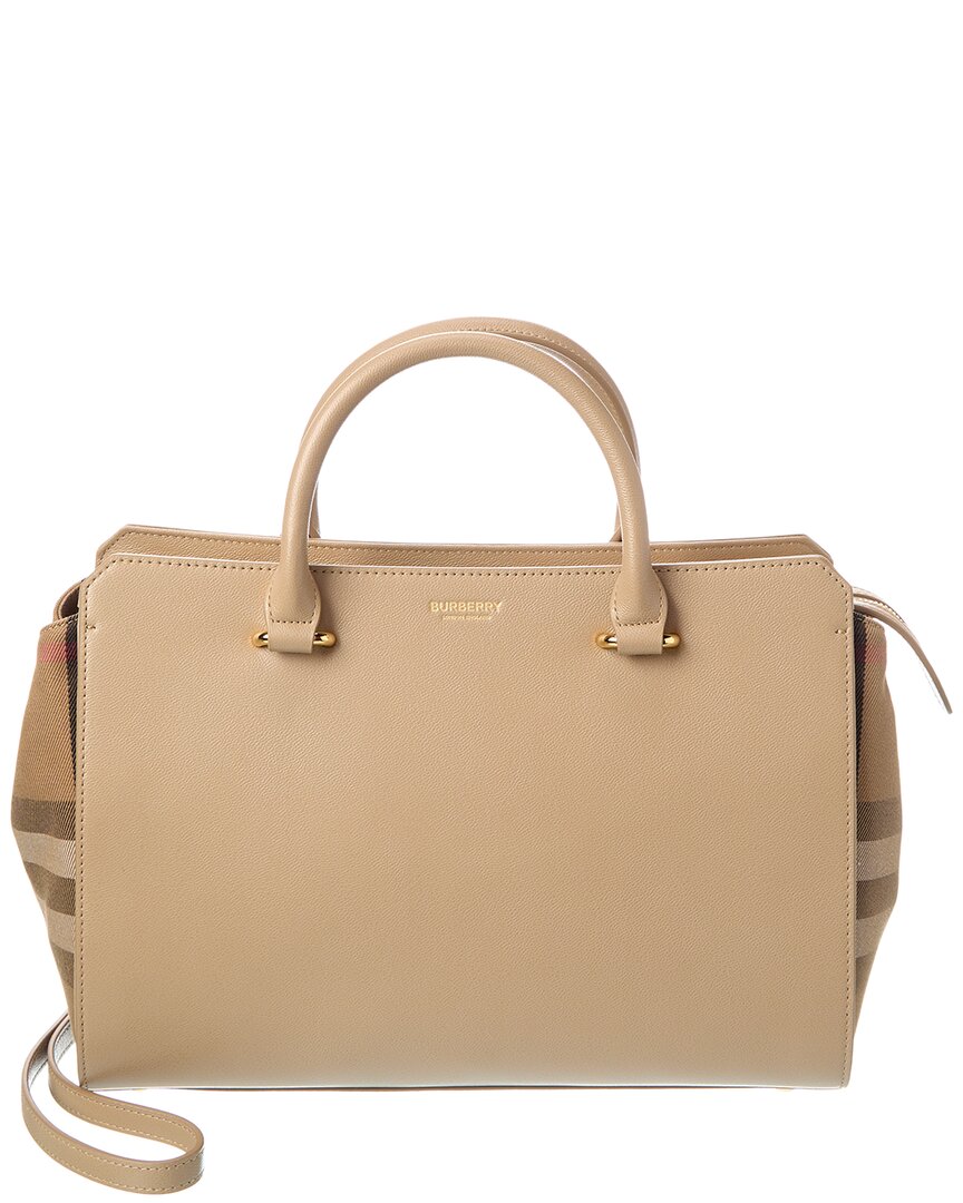Burberry Banwell Leather & Check Canvas Satchel In Sand