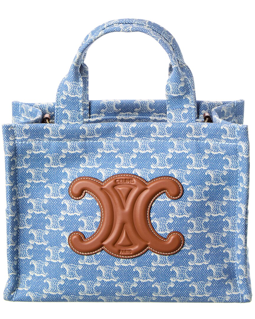 Celine Canvas & Leather Tote In Blue