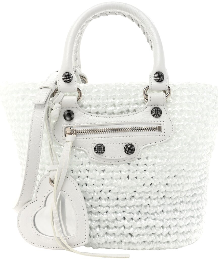 Balenciaga White Nylon & Raffia Le Cagole Small Panier Tote (authentic Pre-  Loved)