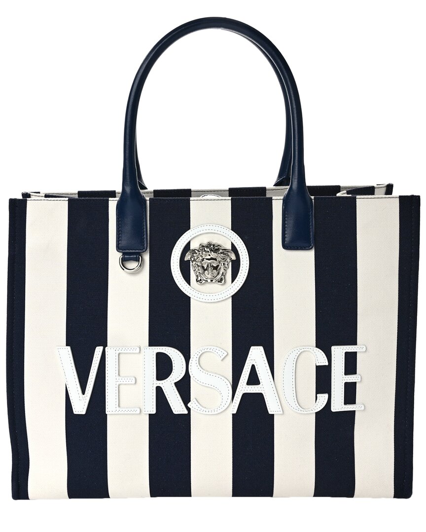 Versace Navy And White Canvas Striped La Medusa Tote (authentic Pre-loved)
