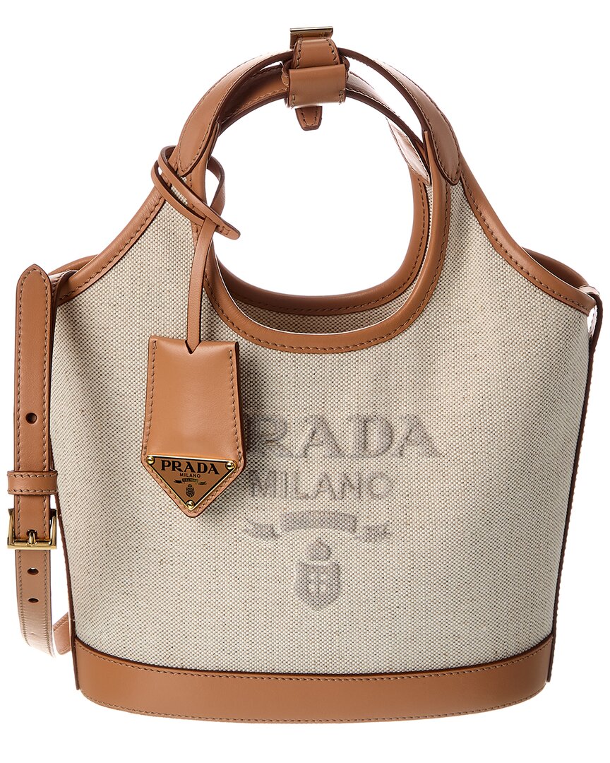 Prada Logo Canvas & Leather Tote In Brown