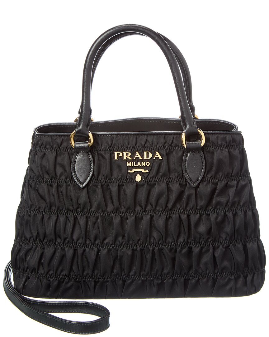 Prada Logo Nylon & Leather Tote In Black