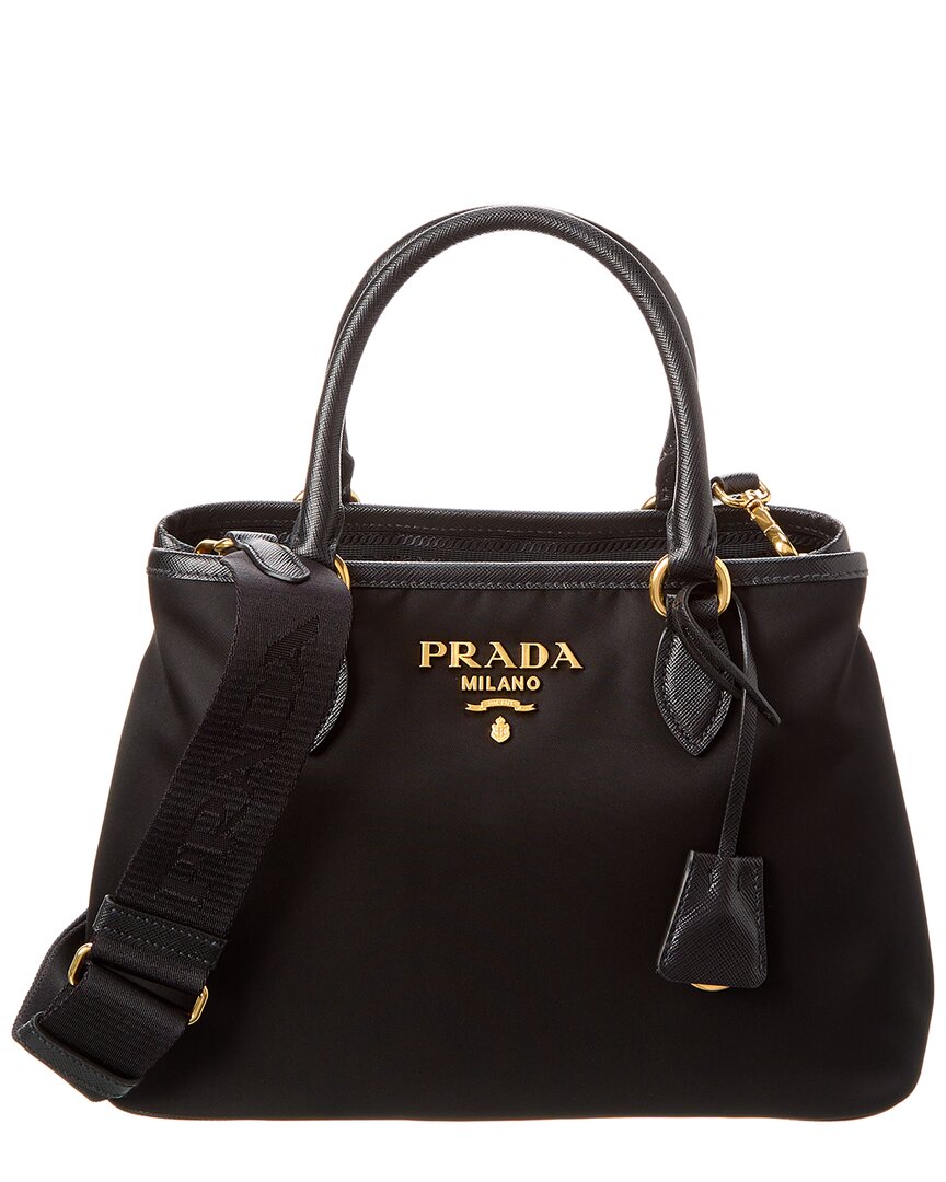 Prada Logo Nylon & Saffiano Leather Tote In Black