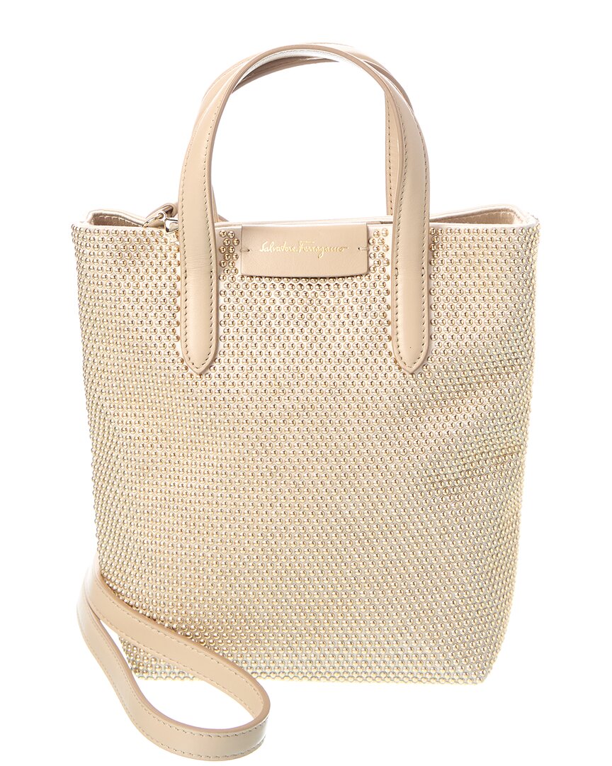 Ferragamo Mini Embellished Leather Tote In Sand