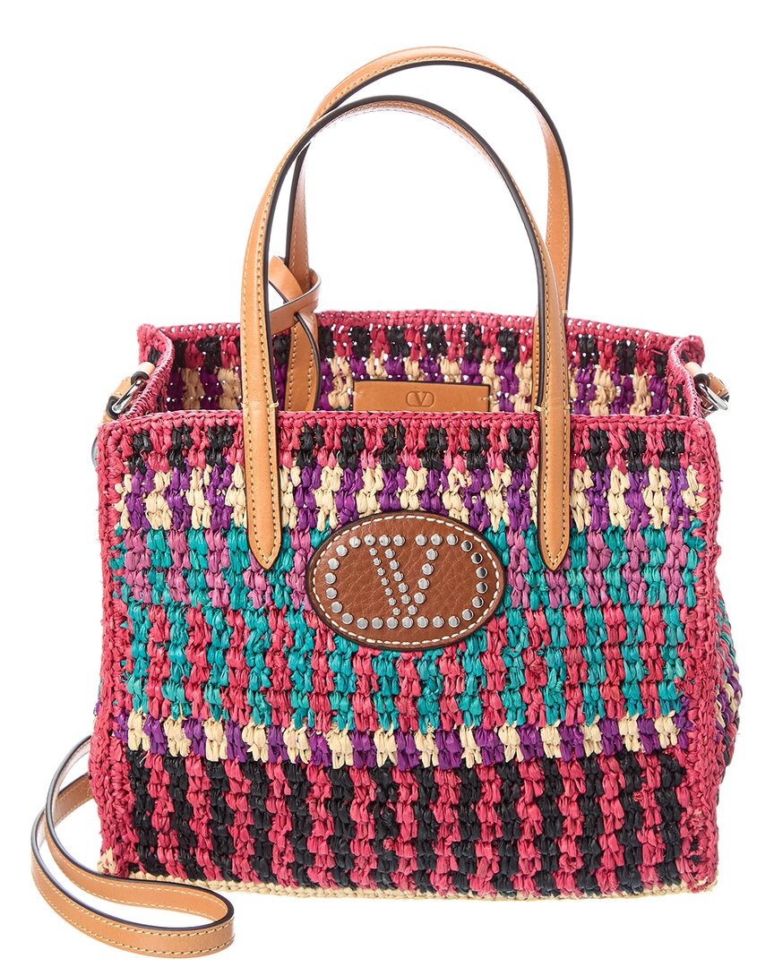 Valentino Vlogo Small Leather-trimmed Raffia Tote Bag In Multi