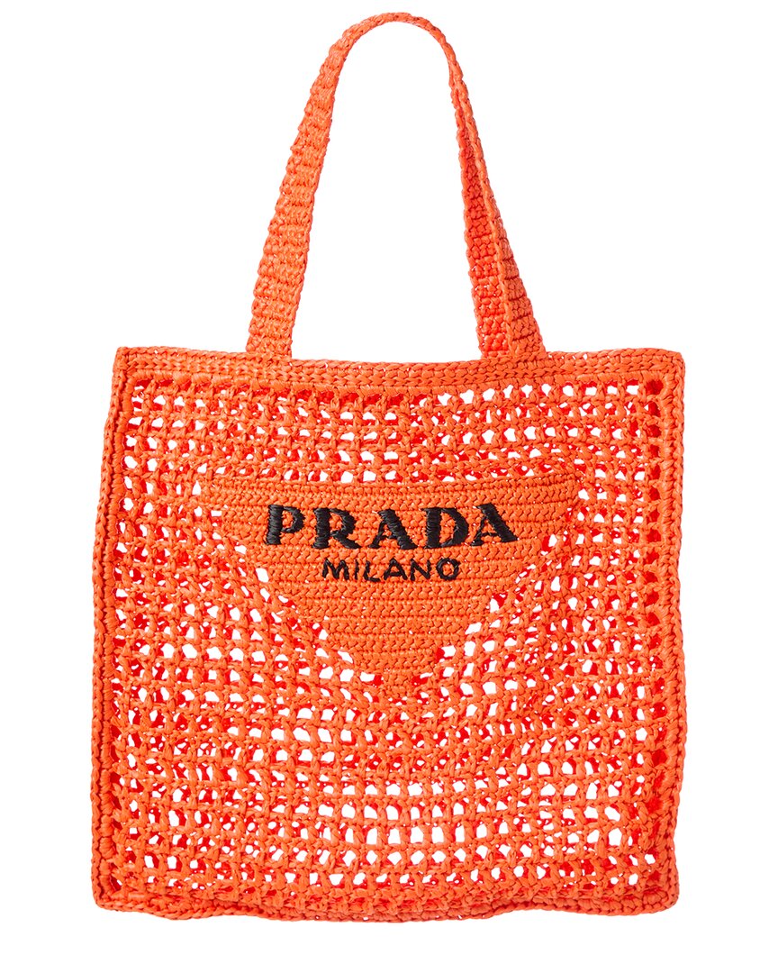 Prada Logo Woven Raffia Tote In Orange