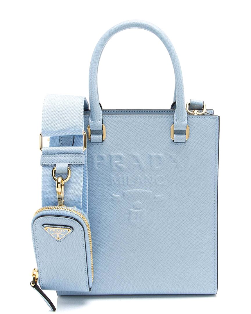 Prada Blue Saffiano Lux Leather Embossed Logo Small Tote (authentic Pre-loved) In Blue