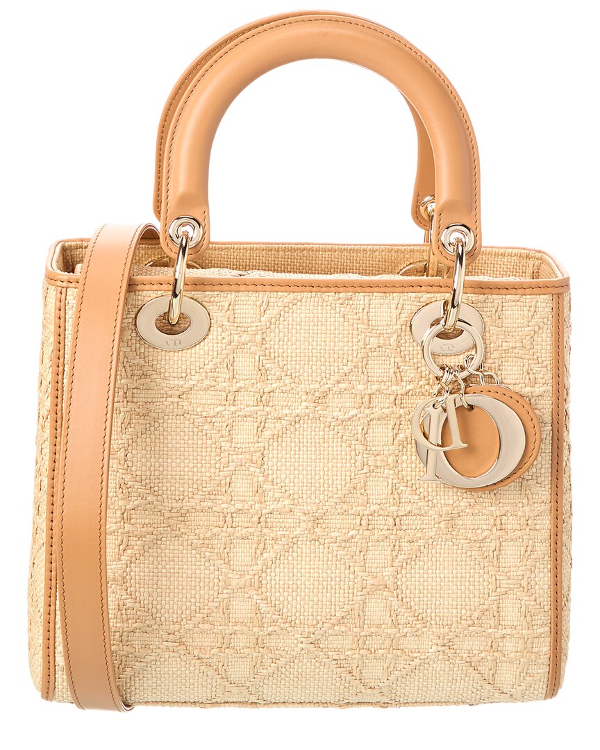Dior Lady  Medium Straw & Leather Tote In Brown