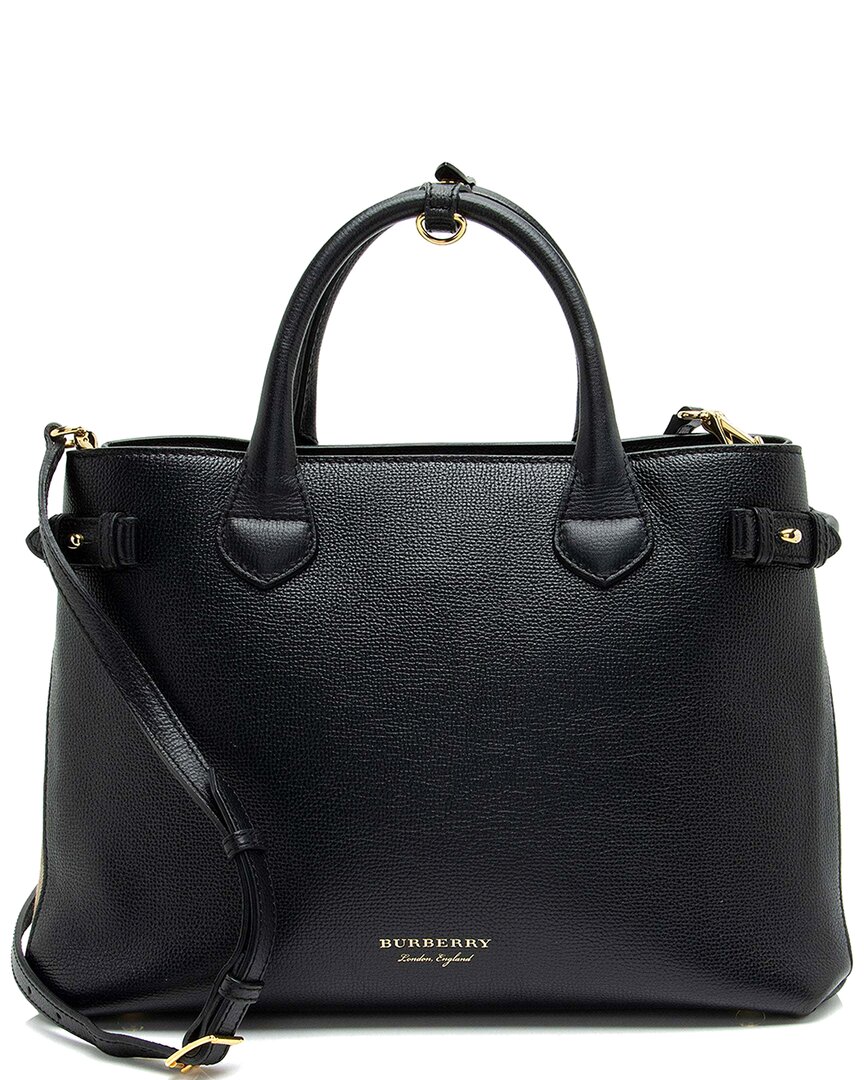Burberry Black Leather House Check Banner Medium Tote (authentic Pre-loved) In Black