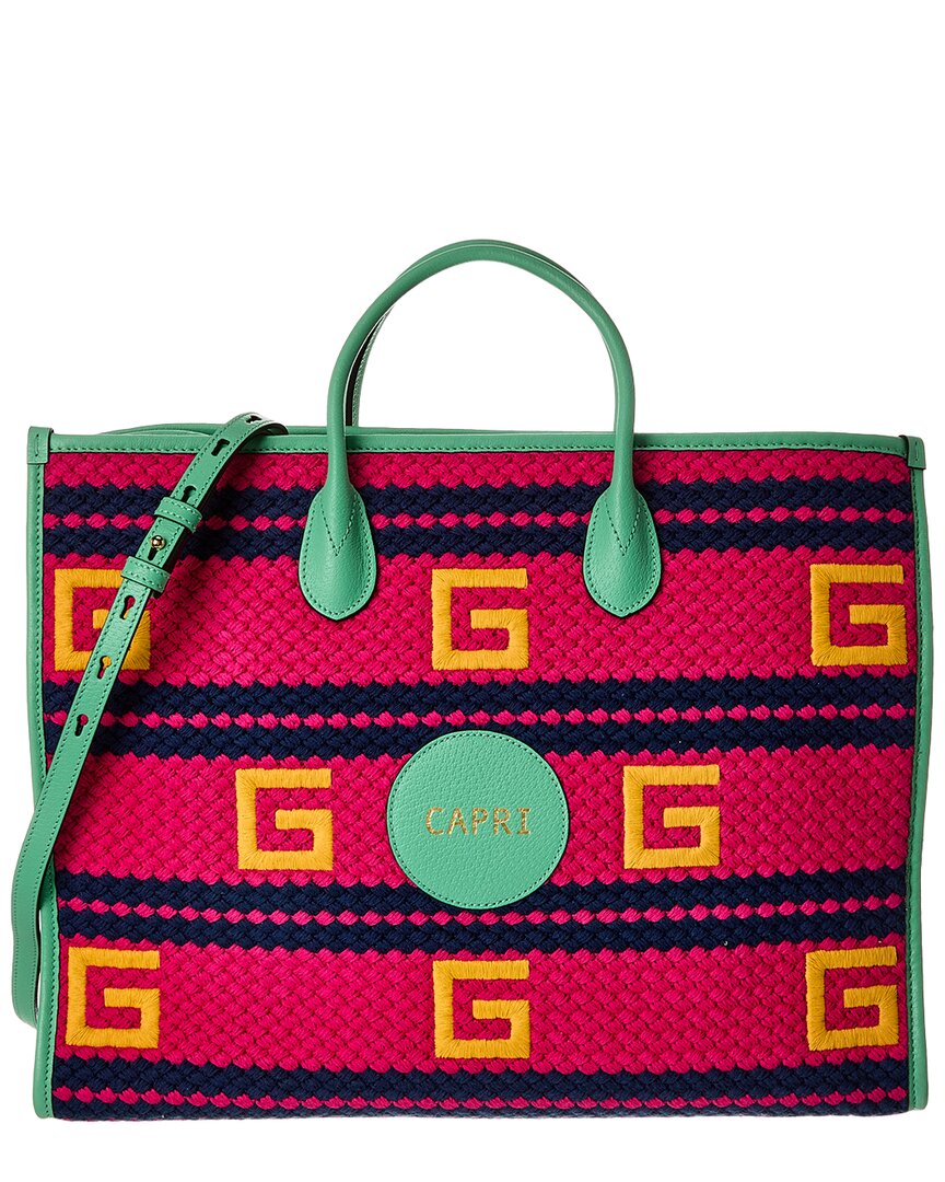 Gucci Capri Woven & Leather Tote In Pink