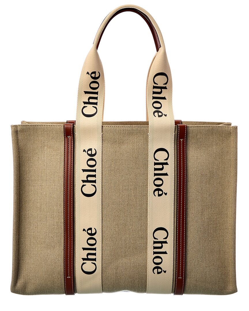 Shop Chloé Woody Large Canvas & Leather Tote In White