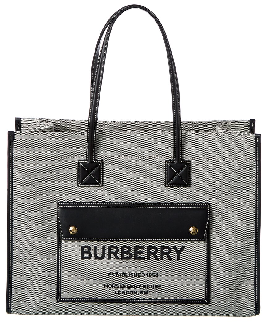 Burberry Medium Freya Horseferry Logo Canvas & Leather Tote In