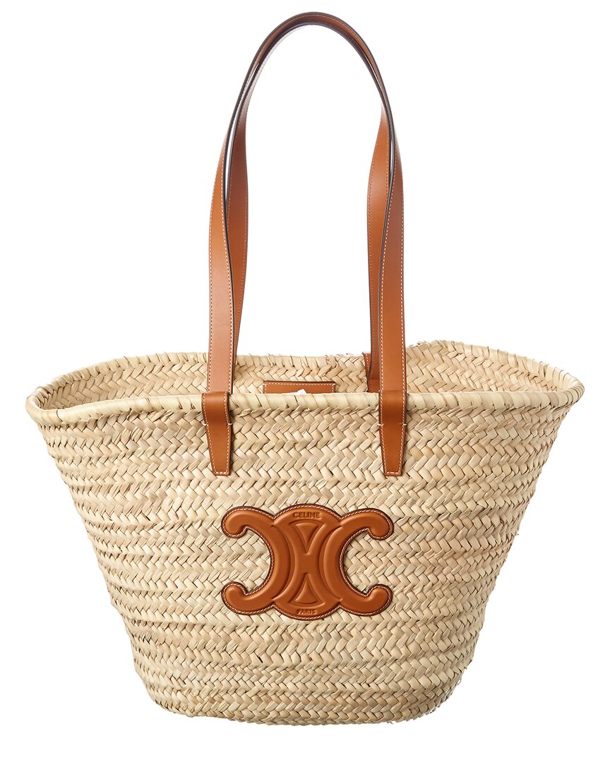Celine Triomphe Palm Leaves & Leather Tote In Brown
