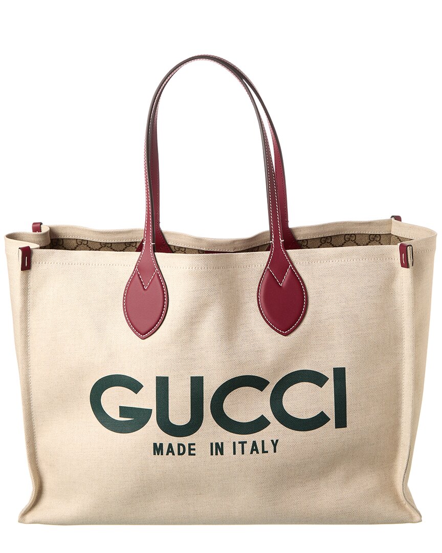 Gucci Logo Print Canvas & Leather Tote In Neutral