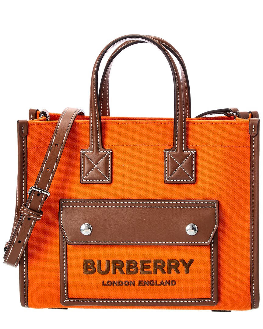 Burberry Mini Freya Leather & Canvas Tote Bag In Orange | ModeSens