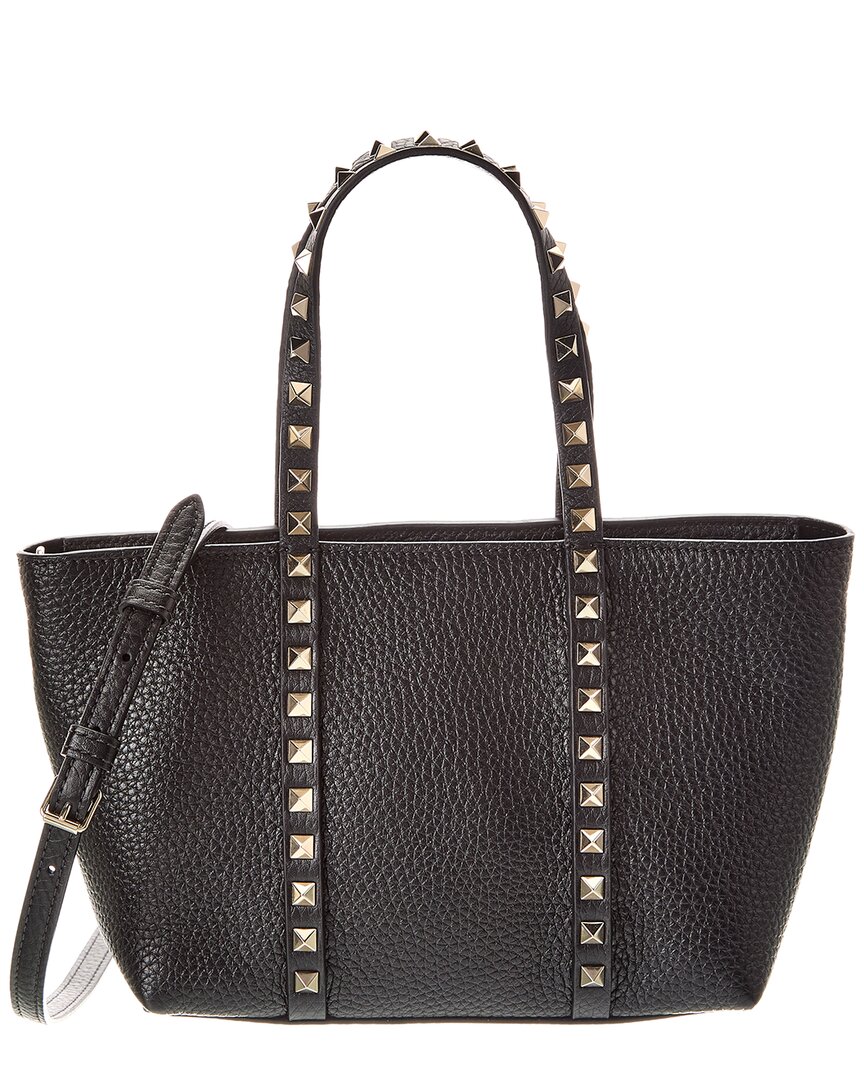 Valentino Rockstud Mini Tote In Hammered Leather In Black