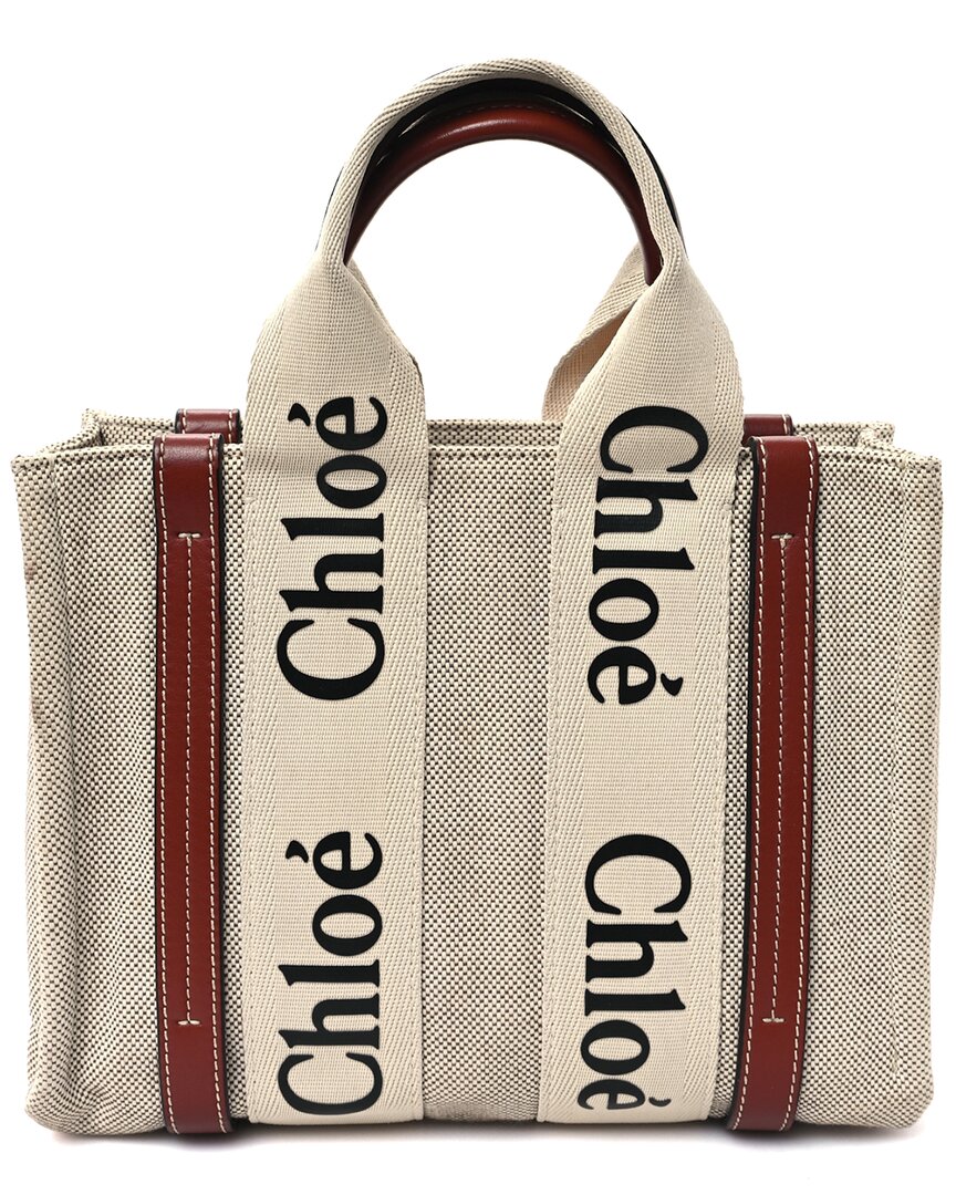 Chloé Brown Calfskin Small Woody Ribbon Tote (authentic Pre-loved) In Neutral