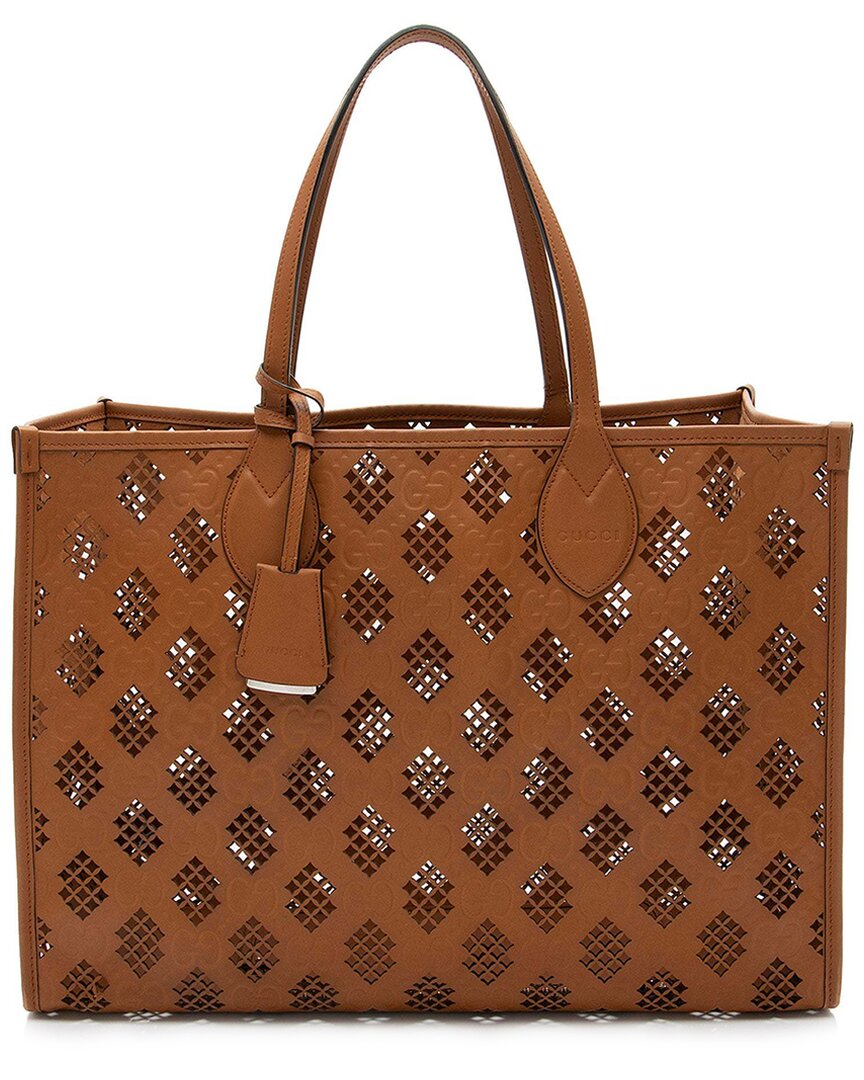 Gucci Brown Gg Debossed Calfskin Diamond Cutout Medium Tote (authentic Pre-  Loved)