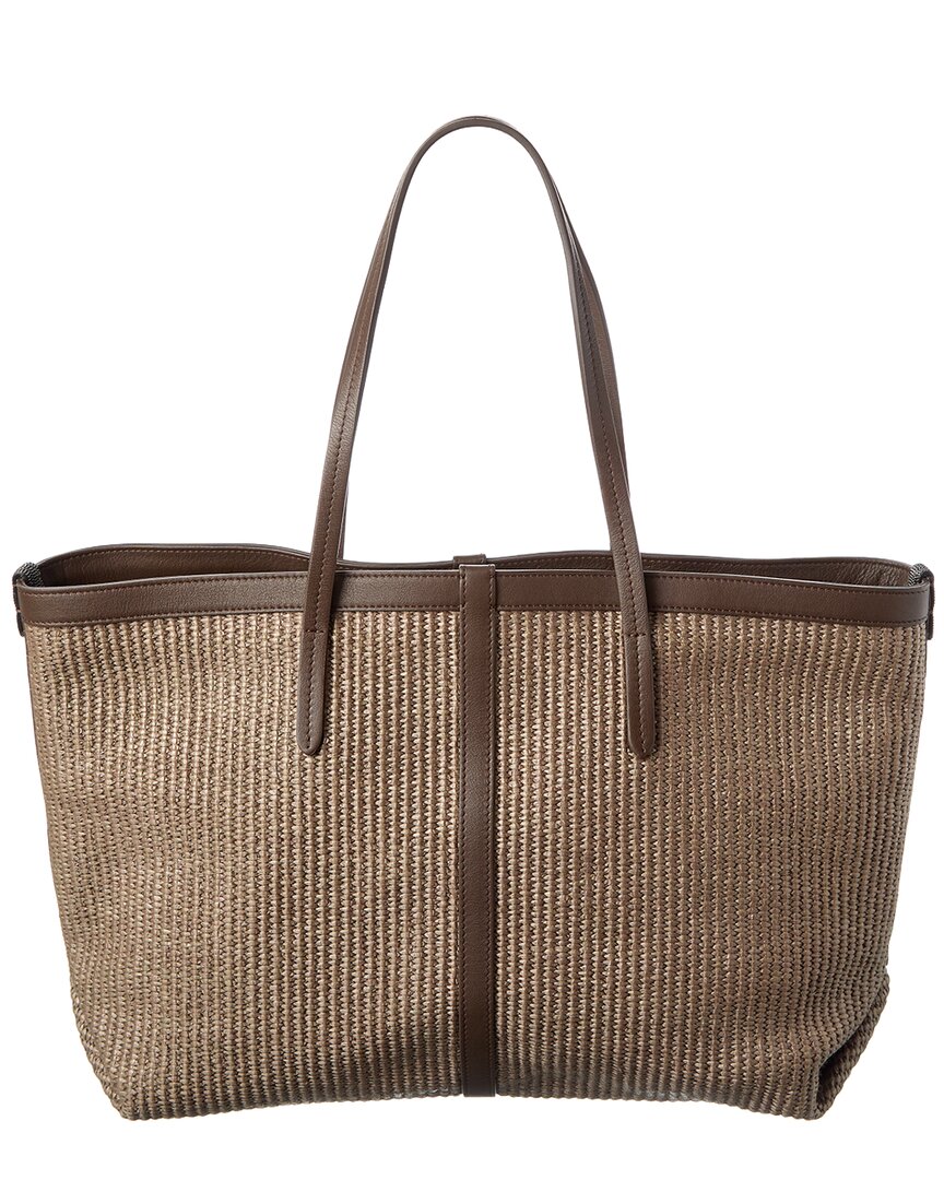 Brunello Cucinelli Raffia & Leather Tote In Brown