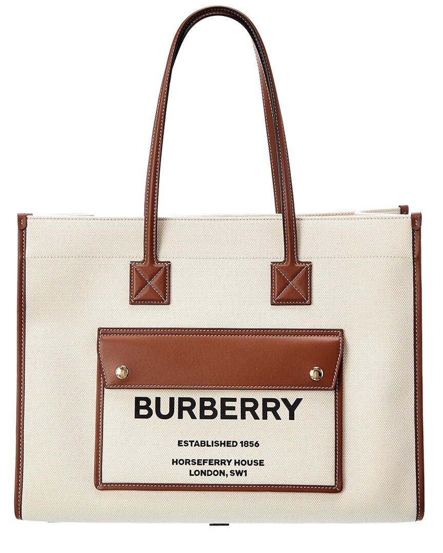 Burberry Medium Two-tone Canvas & Leather Tote In Sand