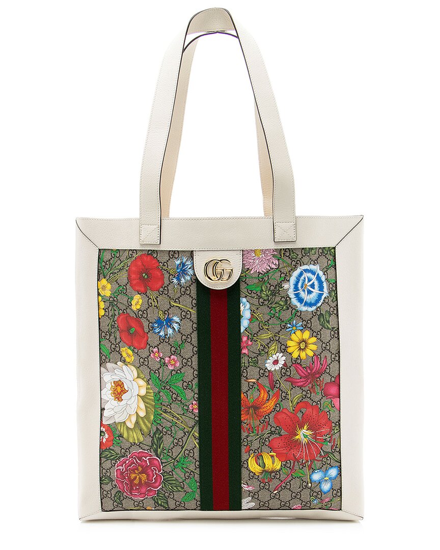 Gucci Brown Gg Supreme Canvas Flora Ophidia Vertical Shopping Tote (authentic Pre-loved) In Multi