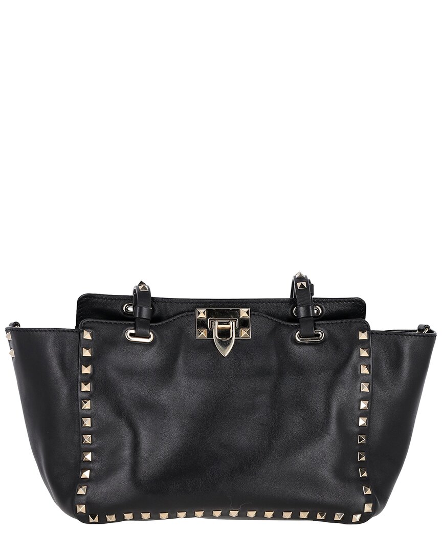 Valentino Garavani Valentino Black Leather Rockstud Trapeze Tote (authentic Pre-loved)