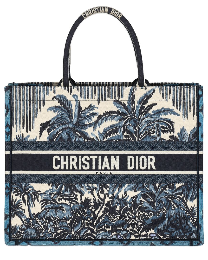 Dior Blue Canvas Embroidered Palm Tree Toile De Jouy Large Book Tote  (authentic Pre-loved) In Blue