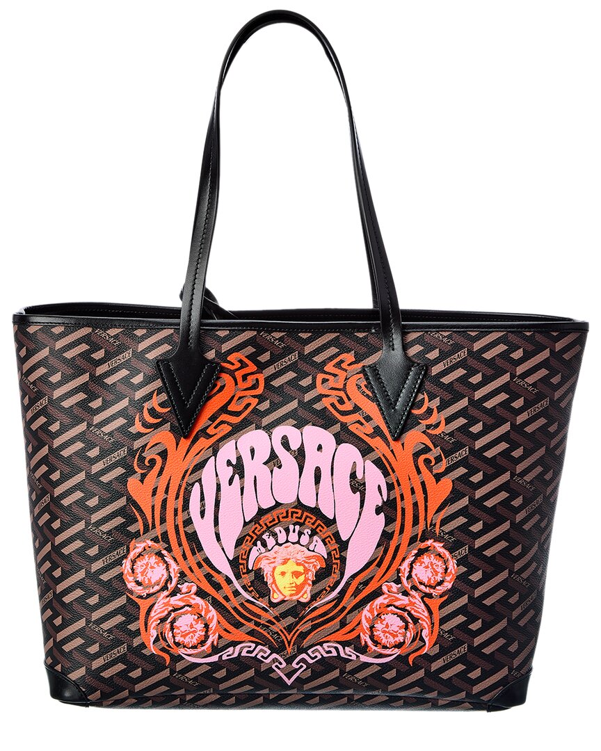 Versace Logo Canvas & Leather Tote in Black