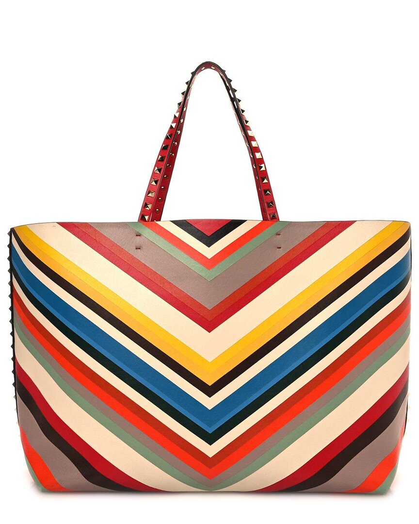 Valentino Red Calfskin Leather Striped Large Rockstud Tote (authentic Pre-  Loved) In Multi