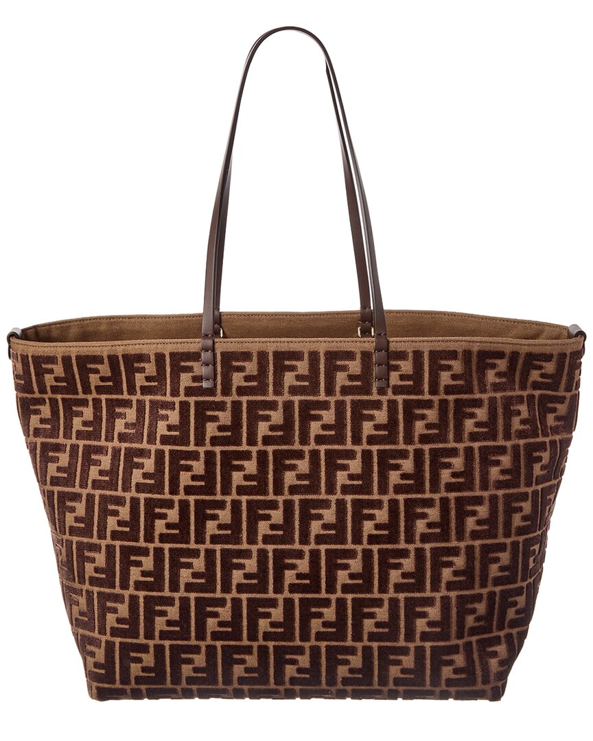 Fendi Roll Large Ff Jacquard Velvet & Leather Tote In Brown