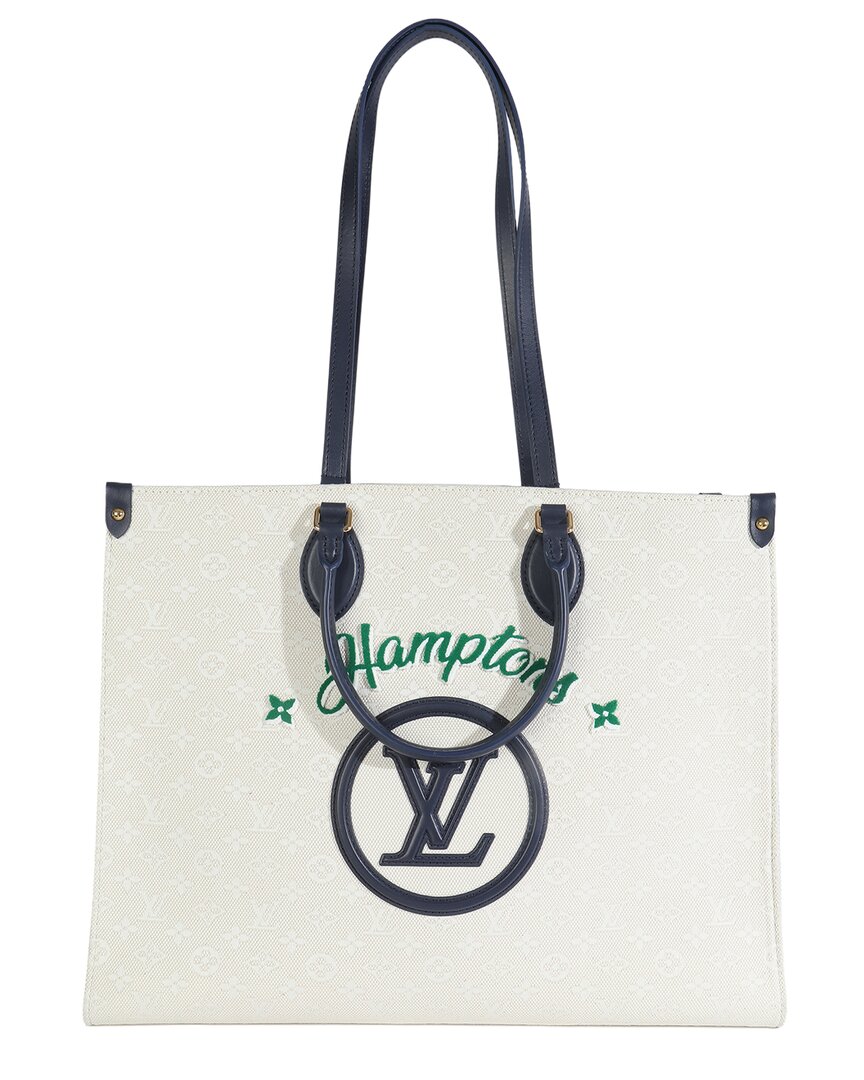 Pre-owned Louis Vuitton Beige & Blue Canvas Jacquard Embroidered Tufted Monogram Hamptons Onthego (authentic P