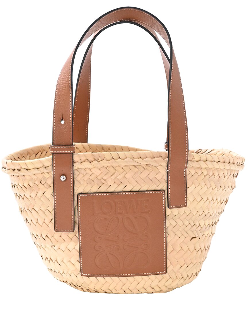 Loewe Brown Palm Leaf And Calf Leather Small Basket Tote Bag (authentic Pre- Loved)