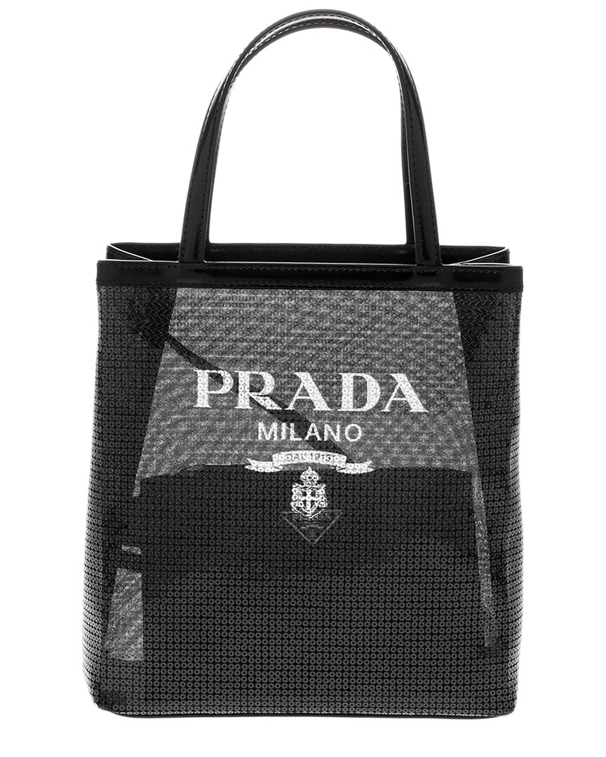 Prada Small Sequined Mesh Tote Bag In Black