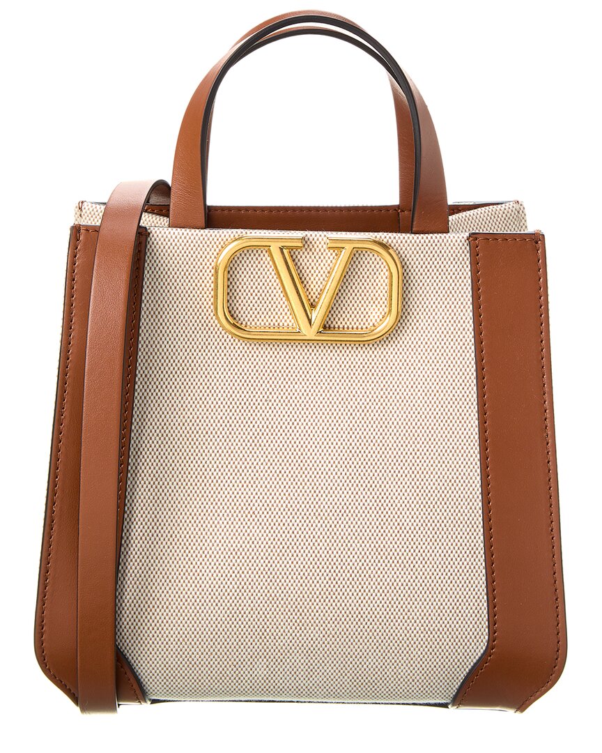 Valentino Garavani Vlogo Small Signature Canvas & Leather Tote In Beige