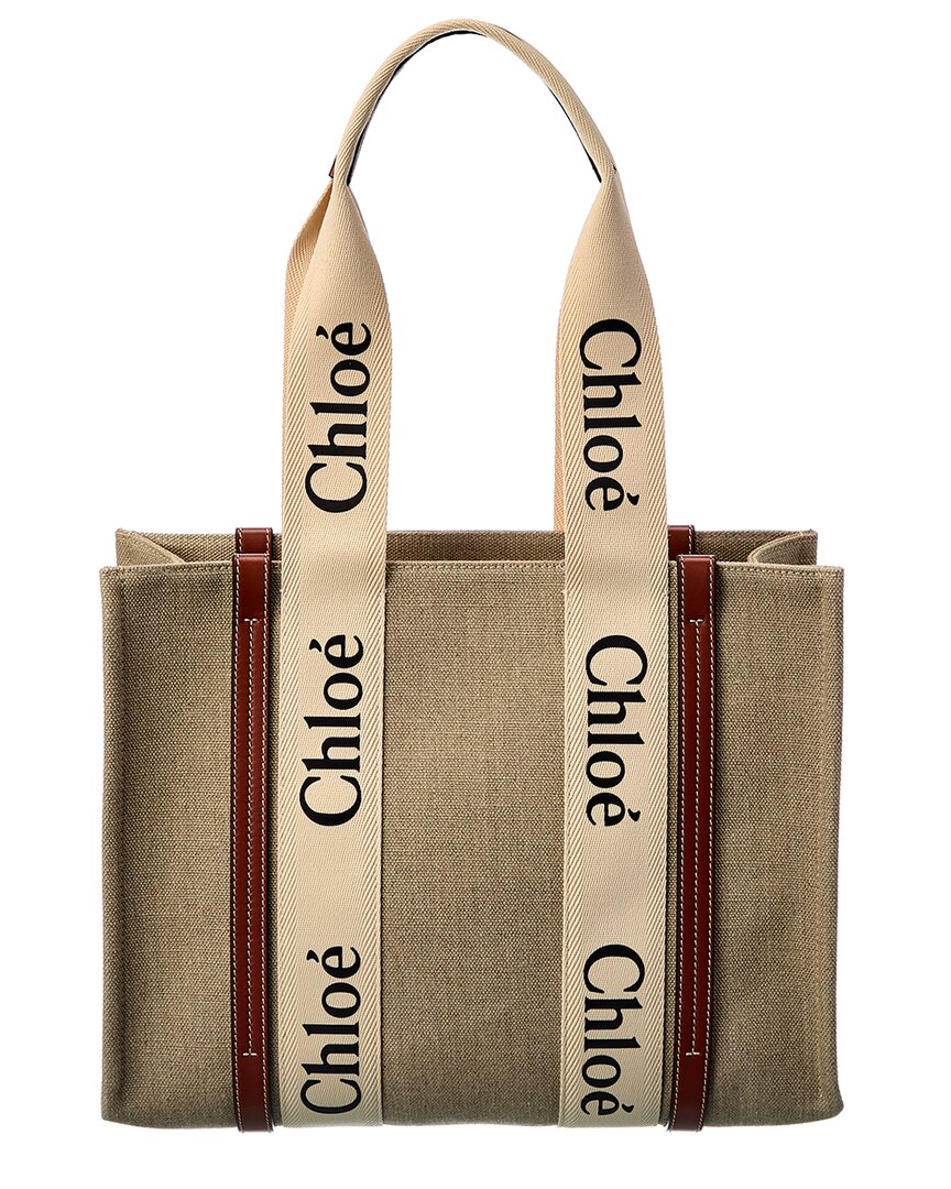 CHLOÉ CHLOÉ WOODY MEDIUM CANVAS & LEATHER TOTE