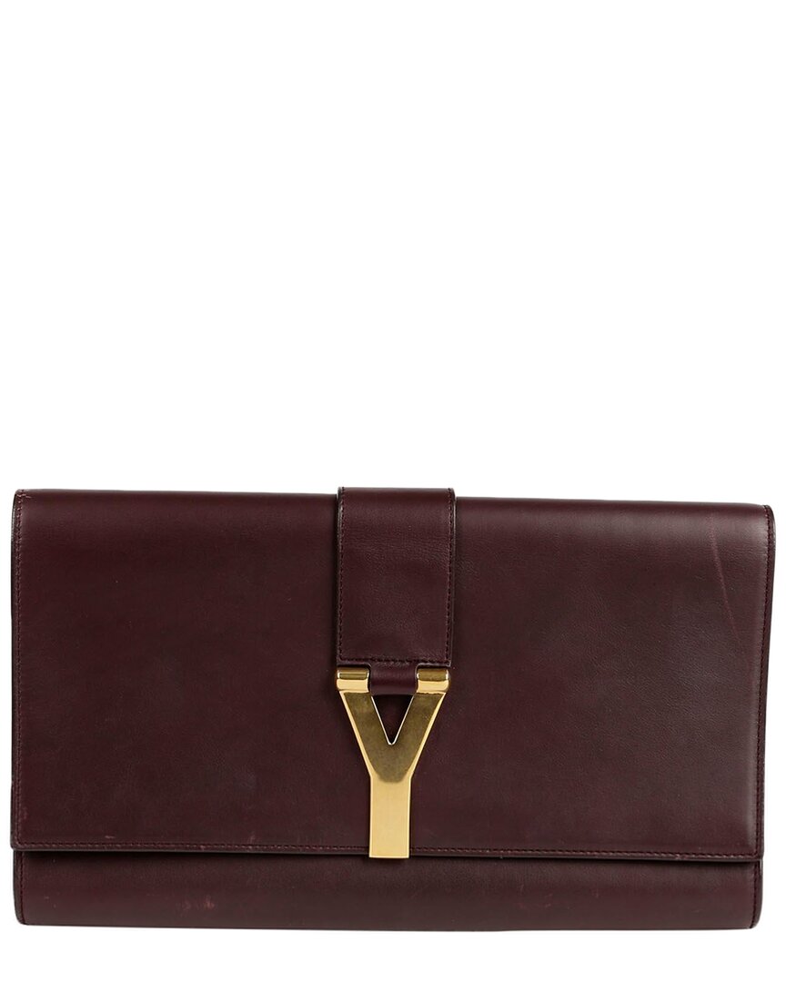 Saint Laurent Red Leather Cabas Chic Flap Clutch In Burgundy