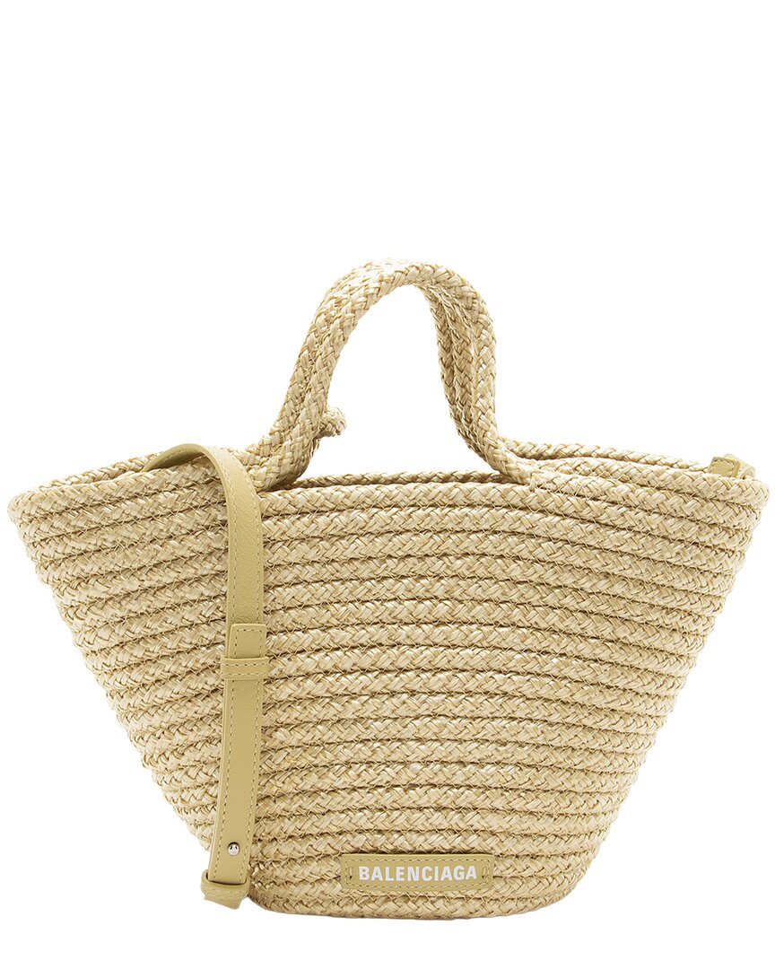 Balenciaga Beige & Green Leather & Nylon Ibiza Basket Small Tote (Authentic Pre-Loved)