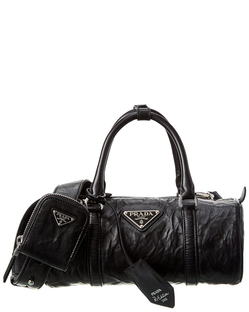 Prada Re-edition 2002 Logo Leather Roll Bag In Black