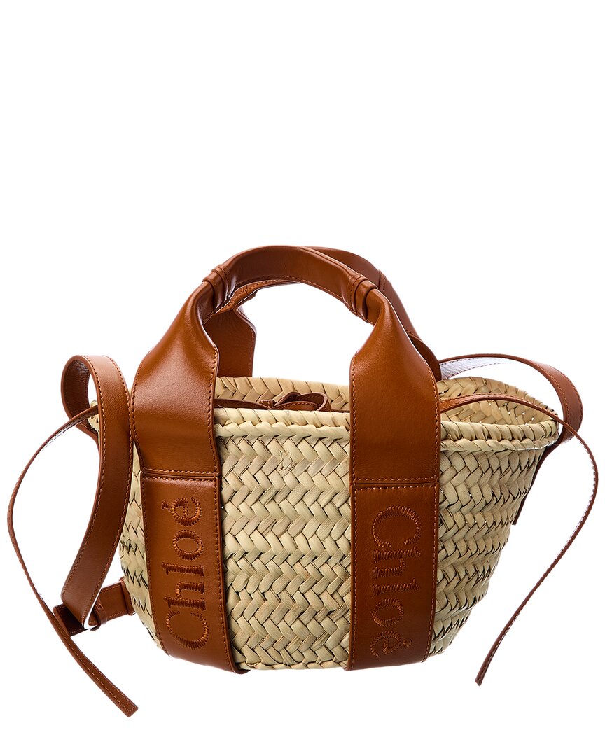 Chloé Sense Small Raffia & Leather Basket Tote In Brown