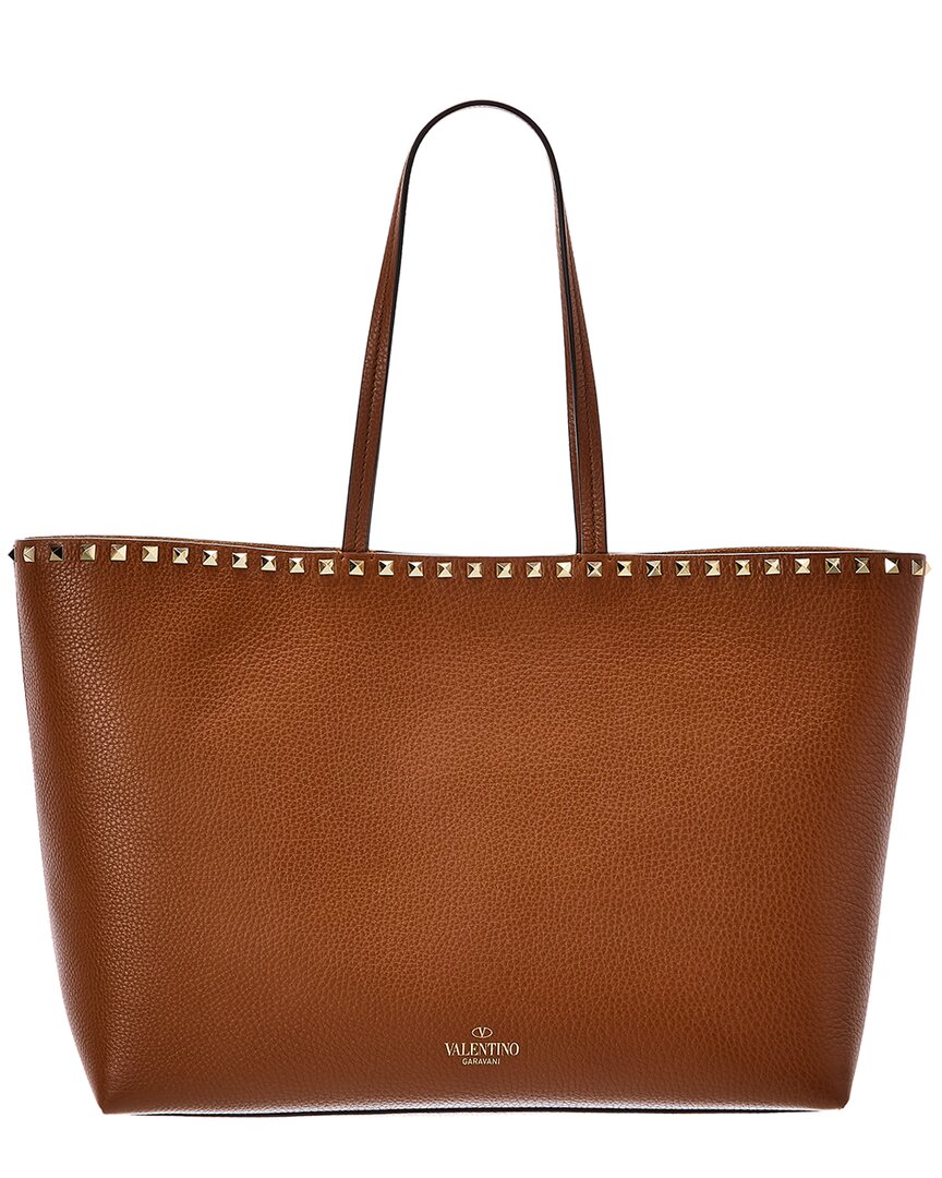 Shop Valentino Rockstud Large Grainy Leather Tote In Brown