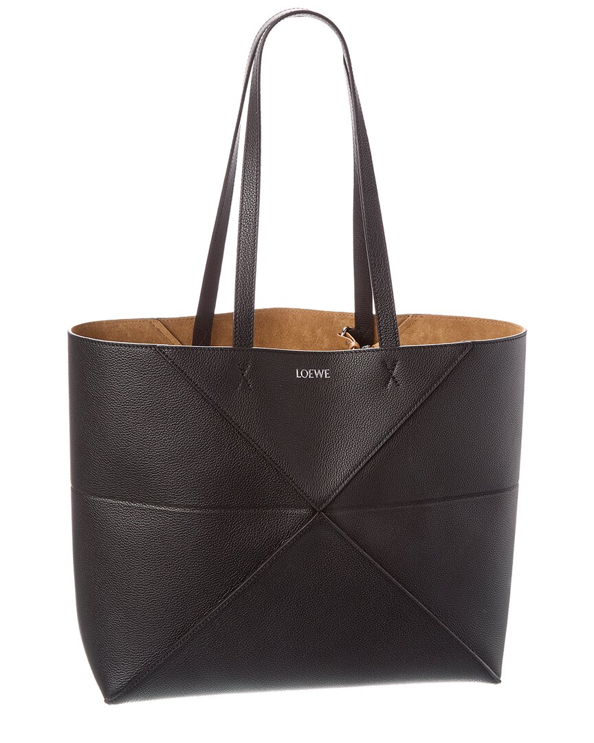 Loewe Horizontal Puzzle Fold Medium Leather Tote In Black