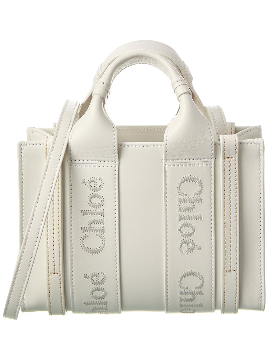 Shop Chloé Woody Mini Leather Tote In White