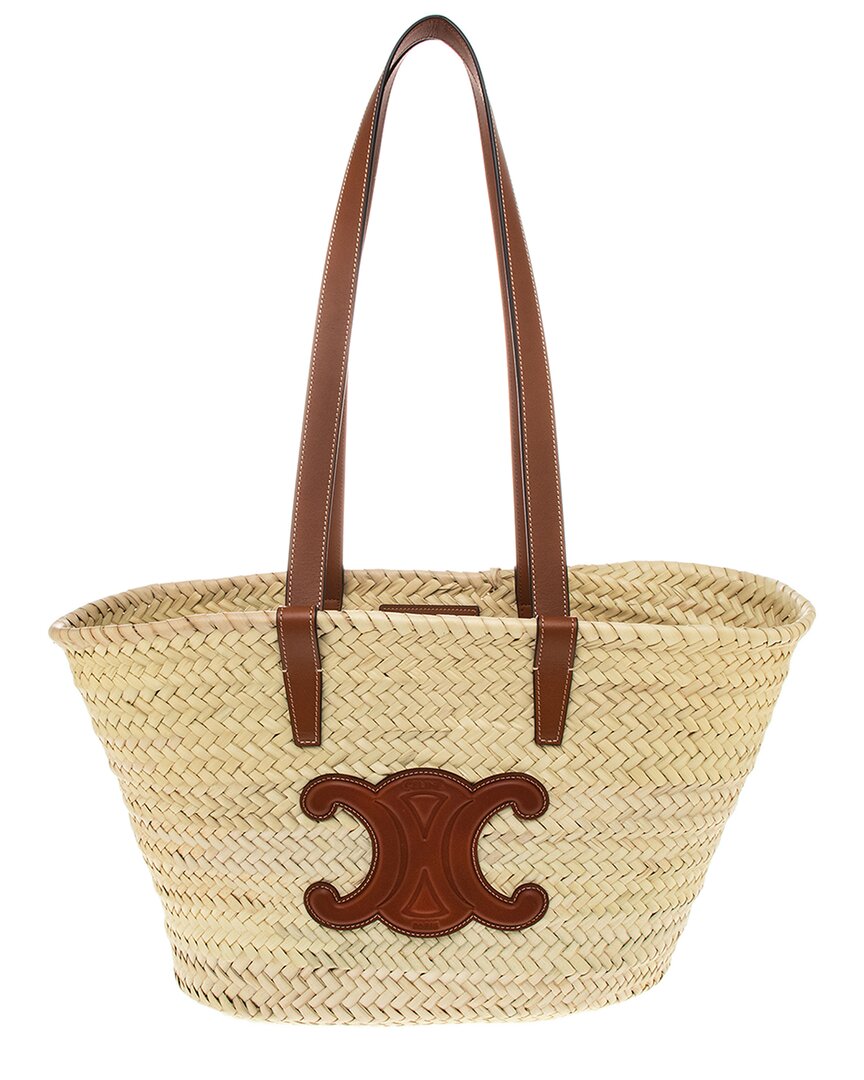 Celine Triomphe Palm Leaves & Leather Tote In Brown