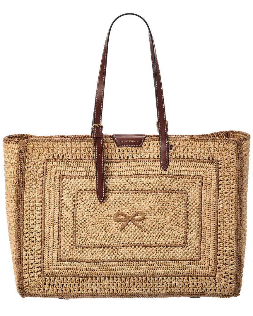Anya Hindmarch E/w Bow Raffia & Leather Tote In Brown