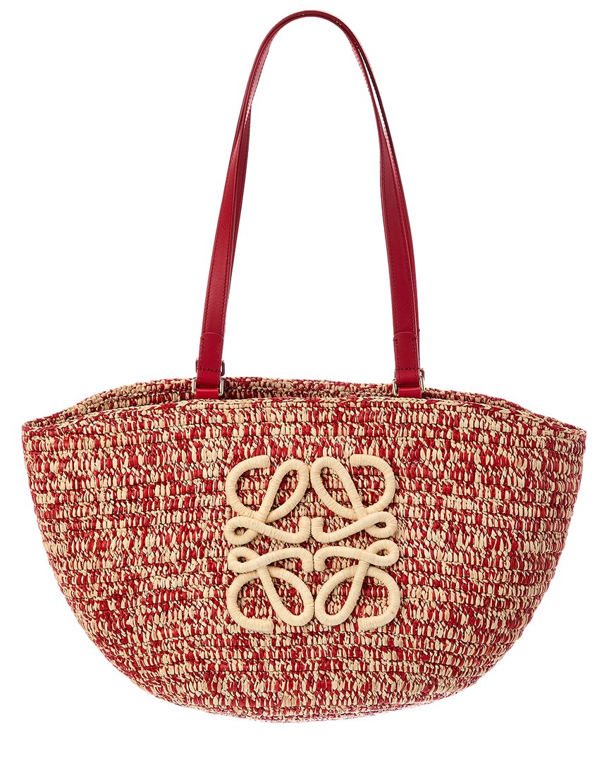 Loewe Logo Raffia & Leather Tote In Red