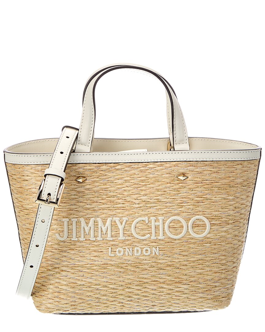 Jimmy Choo Marli Mini Lurex Raffia & Leather Tote In Brown