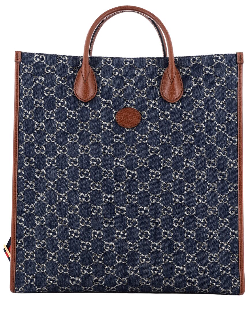 Gucci Blue Gg Denim Interlocking G Patch Web Strap Convertible Tote Tall  (authentic Pre-loved)