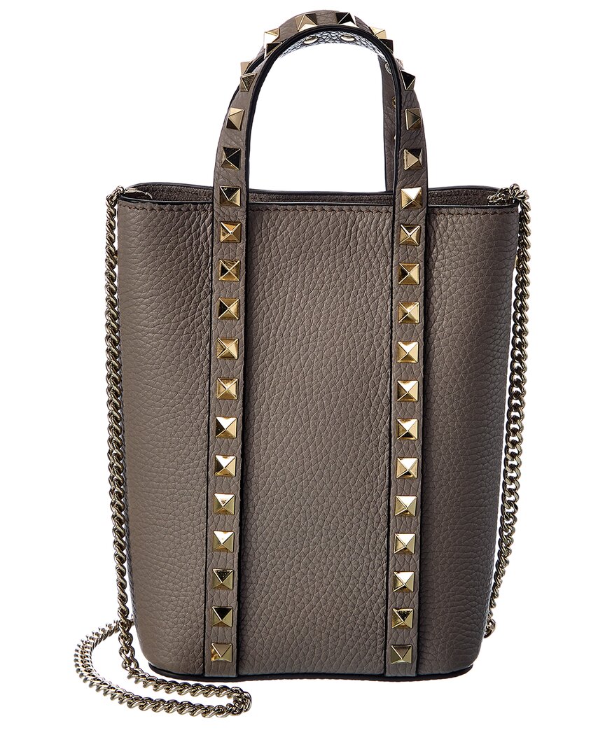 Shop Valentino Rockstud Grainy Leather Tote In Grey