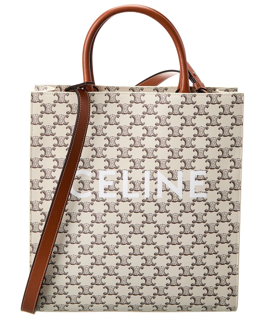 Shop Celine Vertical Cabas Medium Triomphe Canvas & Leather Tote In White