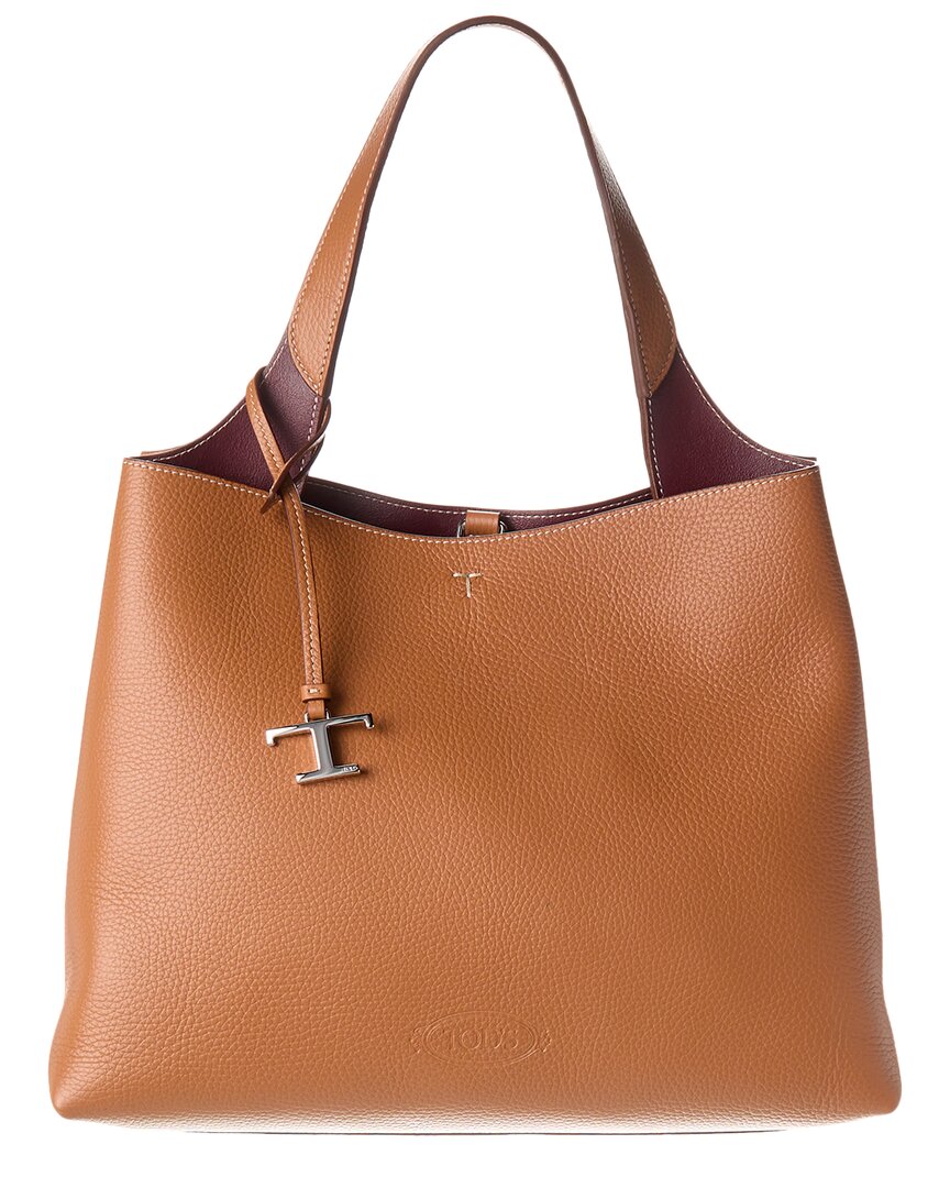 Shop Tod's Logo Medium Leather Tote In Brown